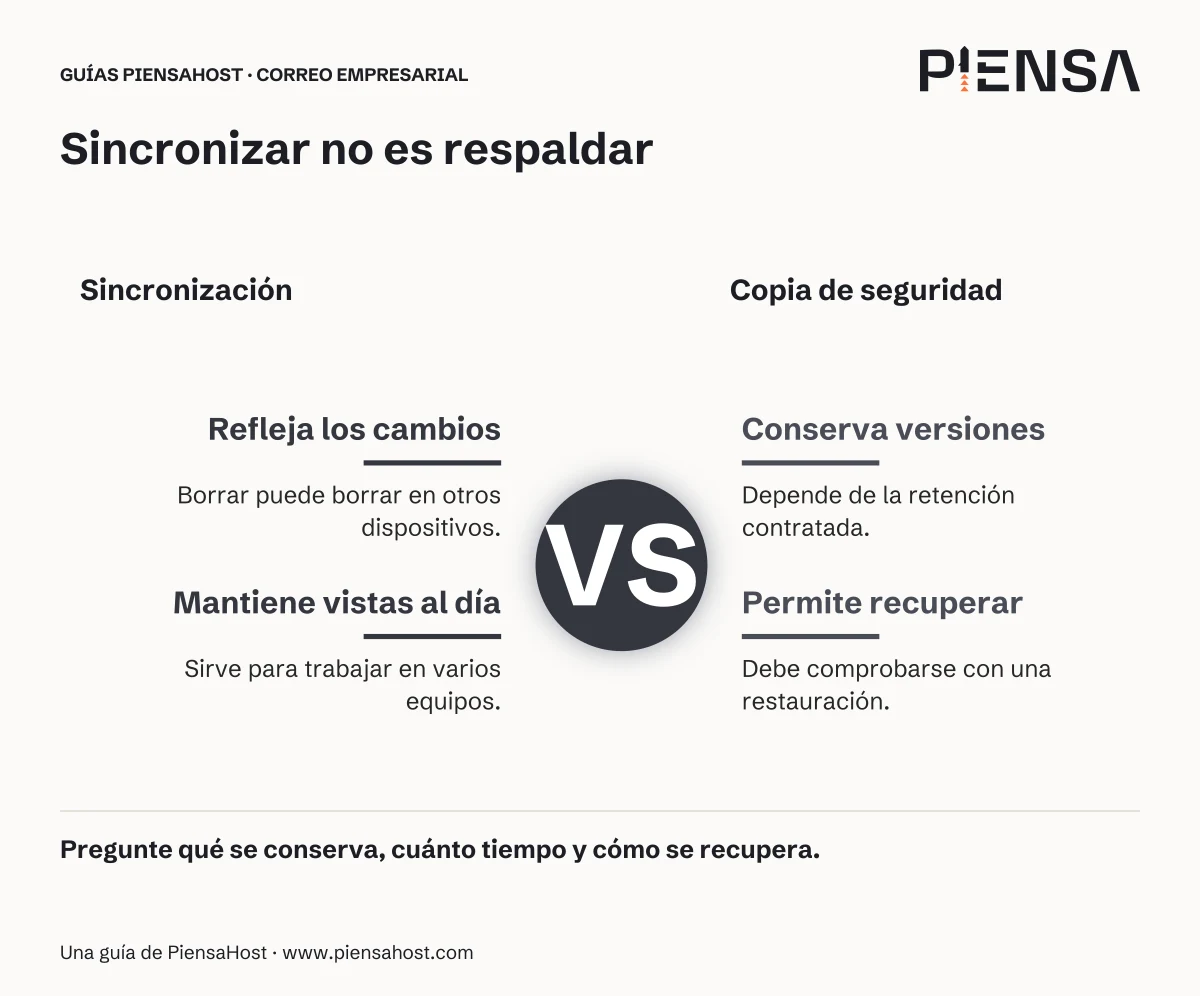 Refleja los cambios: Borrar puede borrar en otros dispositivos. Mantiene vistas al día: Sirve para trabajar en varios equipos. Conserva versiones: Depende de la retención contratada. Permite recuperar: Debe comprobarse con una restauración.