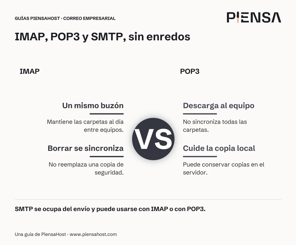 Un mismo buzón: Mantiene las carpetas al día entre equipos. Borrar se sincroniza: No reemplaza una copia de seguridad. Descarga al equipo: No sincroniza todas las carpetas. Cuide la copia local: Puede conservar copias en el servidor.